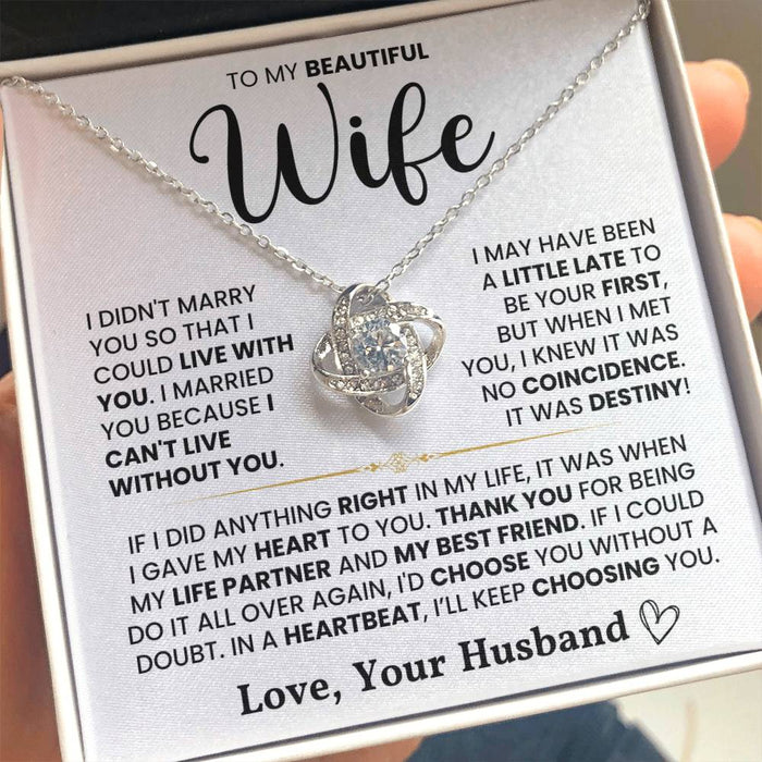 To My Beautiful Wife-Loveknot Necklace-In A Heartbeat, I Will Keep Choosing You