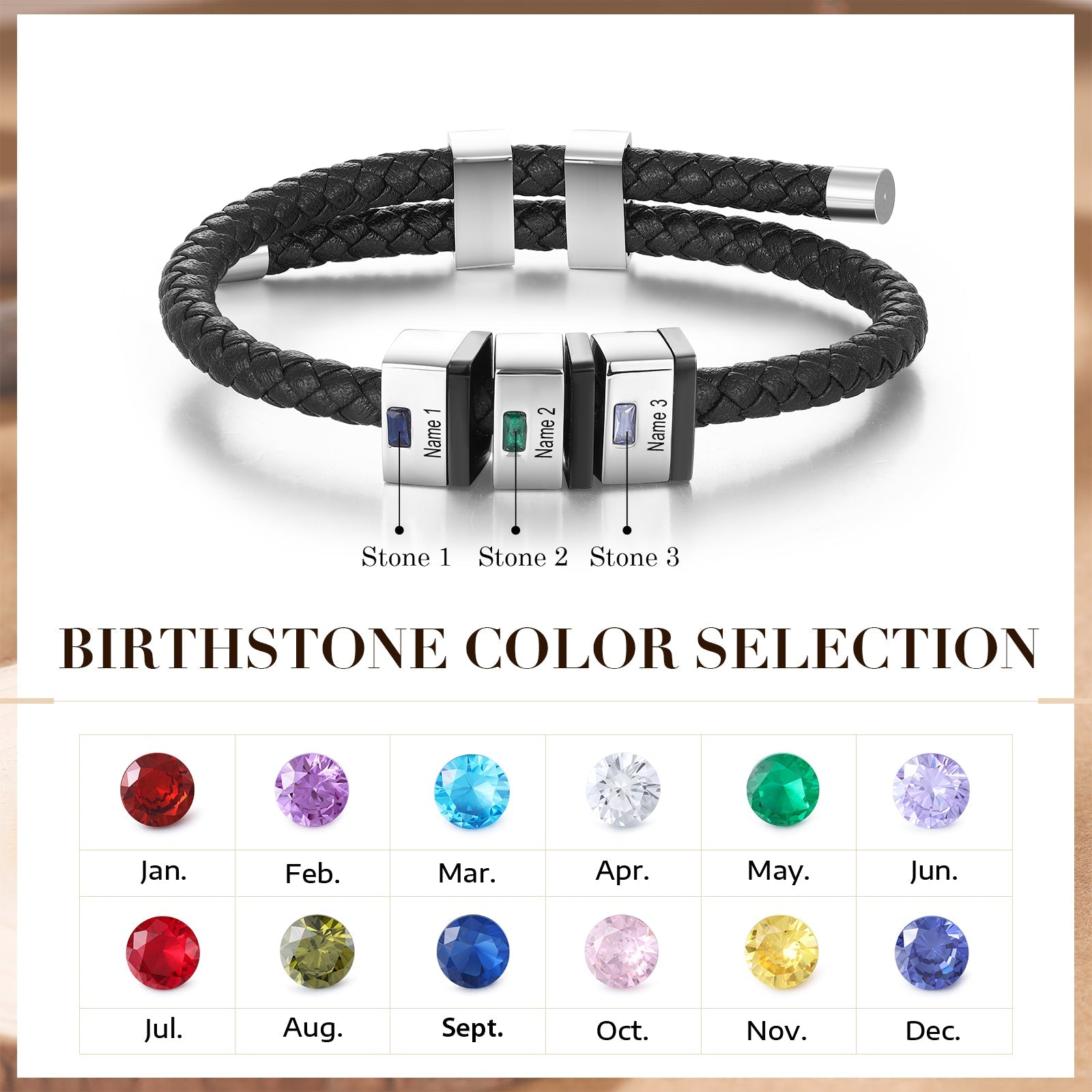 Custom Leather Men Bracelet-Birthstone Name Bracelet - luxoz