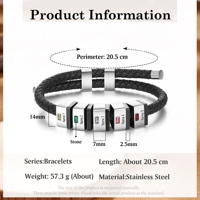 Custom Leather Men Bracelet-Birthstone Name Bracelet