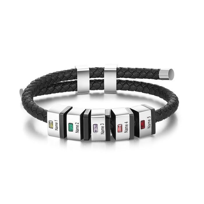 Custom Leather Men Bracelet-Birthstone Name Bracelet