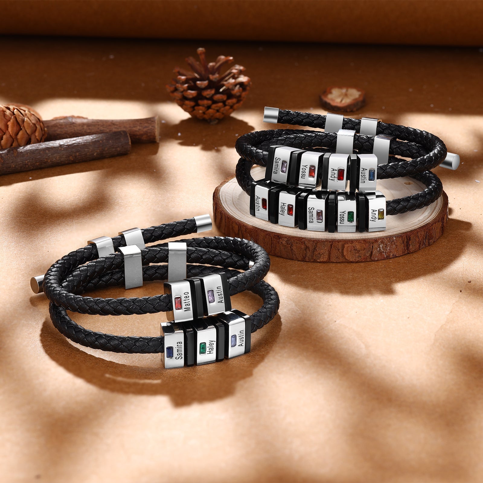 Custom Leather Men Bracelet-Birthstone Name Bracelet - luxoz