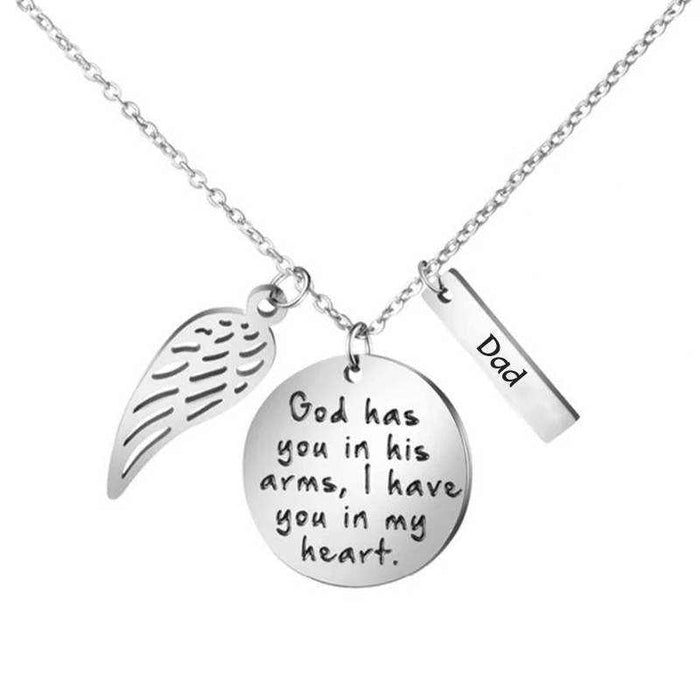 Remembrance Necklace For Dad With Wings-God Has You In His Arms. Keepsake Jewellery