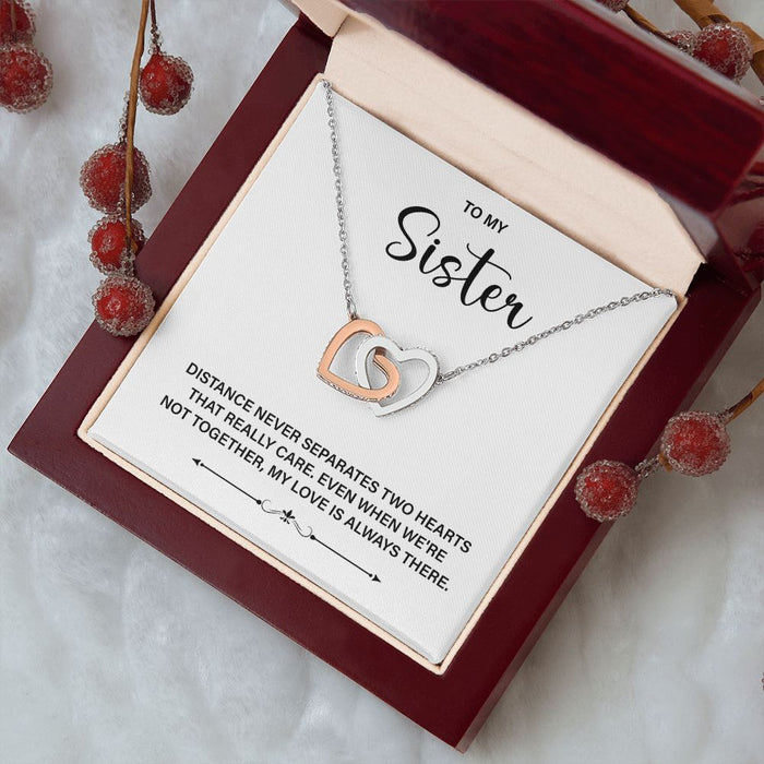 To My Sister-Interlocking Hearts Necklace-Rose Gold And Silver Plated